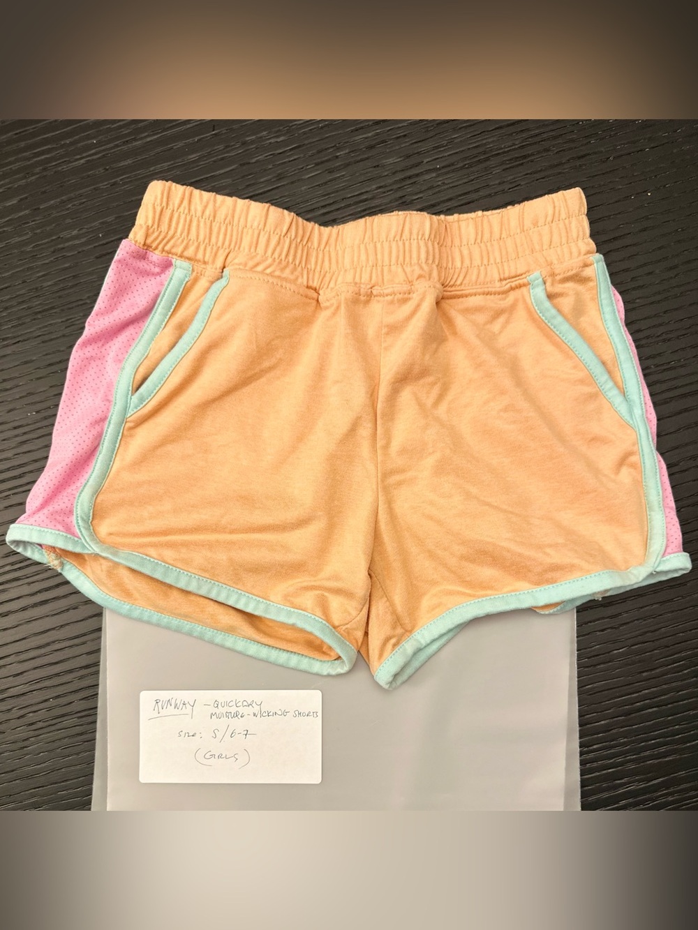 Girls Peach Athletic Shorts with Pink Side Panels and Mint Trim, 6/7 Girls